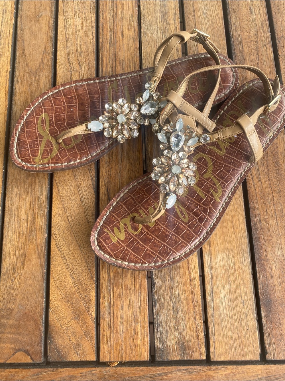 Sam Edelman Tan Jeweled T-Strap Sandals